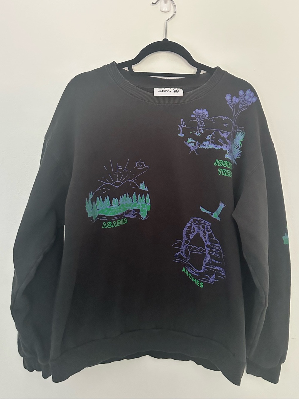 Parks Project Black Crewneck Sweater with Green and Purple Nature Graphics